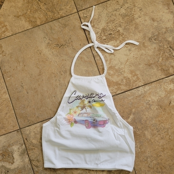 NWT Forever 21 Womens "Camaro by Chevrolet" Tie Behind Neck Halter White Pick Sz - Picture 1 of 8